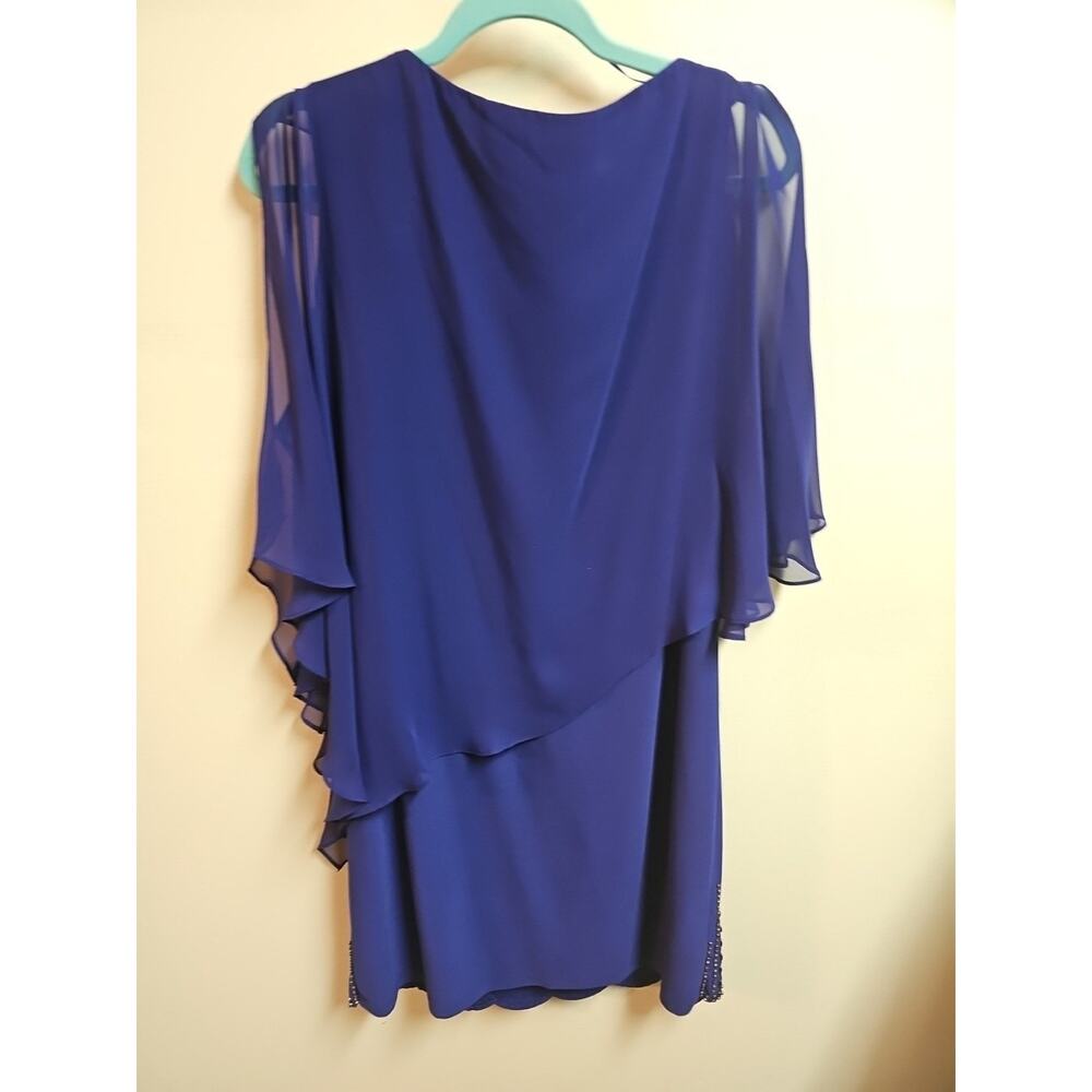 DJ-JAZ Women's Royal Blue Cold Shoulder Dress Beaded Sheer Overlay Cape Size 12 - Picture 6 of 6